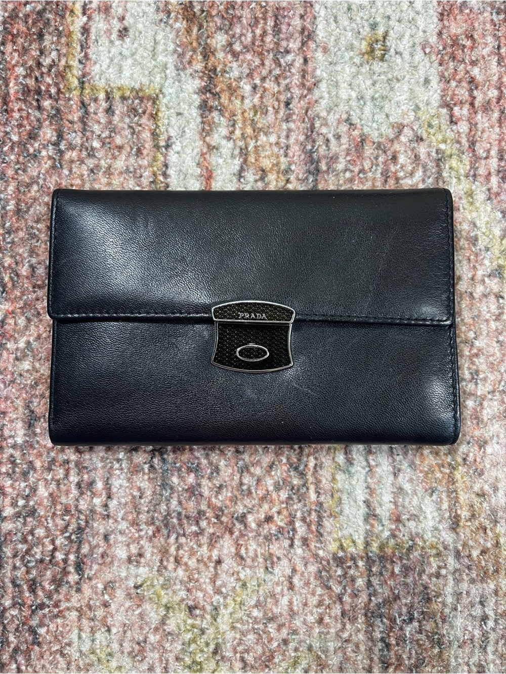 Prada Black Leather Continental Wallet Silver Logo Clasp